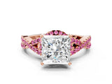 Rose gold Princess Cut Diamond with Pink Sapphire side stone Halo Twist Band Solitaire Prong Setting Ring_12
