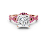 Rose gold Princess Cut Diamond with Pink Sapphire side stone Halo Twist Band Solitaire Prong Setting Ring_24