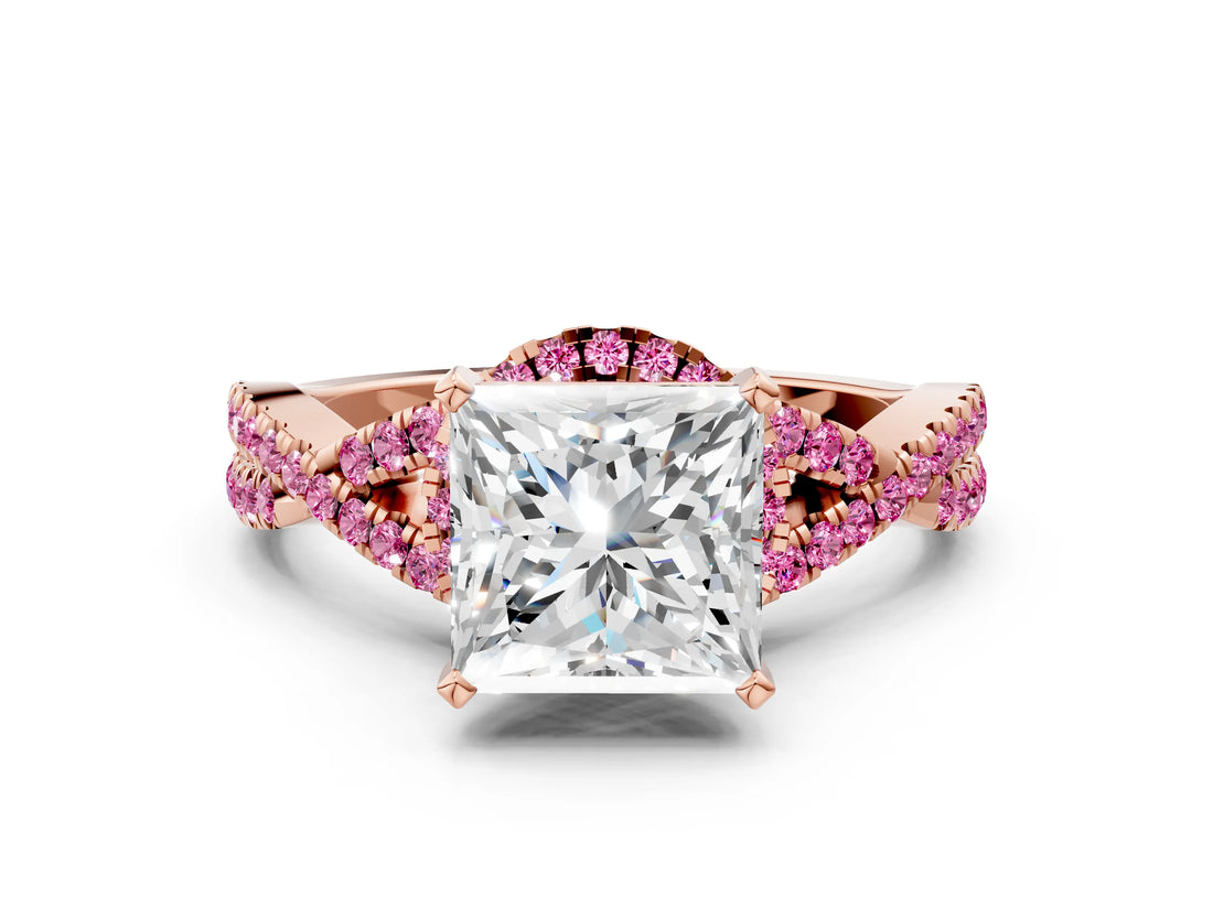 Rose gold Princess Cut Diamond with Pink Sapphire side stone Halo Twist Band Solitaire Prong Setting Ring_30