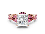Rose gold Princess Cut Diamond with Pink Sapphire side stone Halo Twist Band Solitaire Prong Setting Ring_30