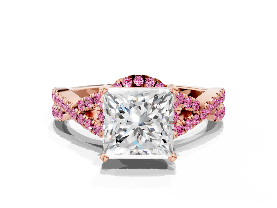 Rose gold Princess Cut Diamond with Pink Sapphire side stone Halo Twist Band Solitaire Prong Setting Ring_54