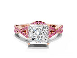 Rose gold Princess Cut Diamond with Pink Sapphire side stone Halo Twist Band Solitaire Prong Setting Ring_54