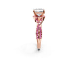 Rose gold Princess Cut Diamond with Pink Sapphire side stone Halo Twist Band Solitaire Prong Setting Ring_56