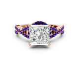 Rose gold Princess Cut Diamond with Tanzanite side stone Halo Twist Band Solitaire Prong Setting Ring_24