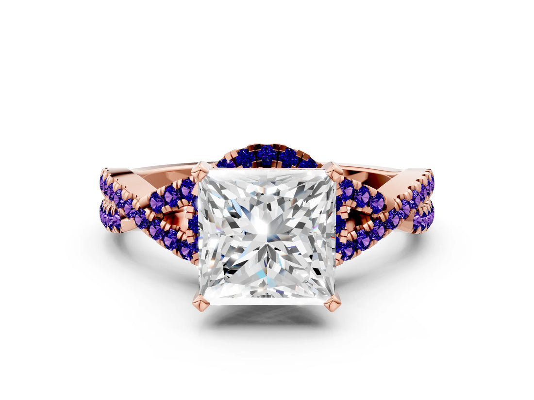Rose gold Princess Cut Diamond with Tanzanite side stone Halo Twist Band Solitaire Prong Setting Ring_30