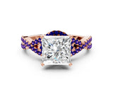 Rose gold Princess Cut Diamond with Tanzanite side stone Halo Twist Band Solitaire Prong Setting Ring_30