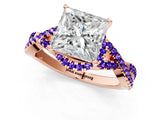 Rose gold Princess Cut Diamond with Tanzanite side stone Halo Twist Band Solitaire Prong Setting Ring_31