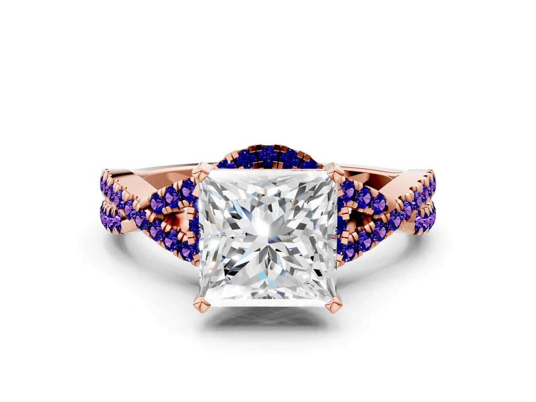 Rose gold Princess Cut Diamond with Tanzanite side stone Halo Twist Band Solitaire Prong Setting Ring_42