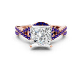 Rose gold Princess Cut Diamond with Tanzanite side stone Halo Twist Band Solitaire Prong Setting Ring_42