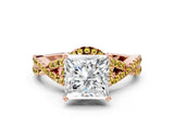 Rose gold Princess Cut Diamond with Yellow Sapphire side stone Halo Twist Band Solitaire Prong Setting Ring_12