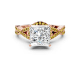 Rose gold Princess Cut Diamond with Yellow Sapphire side stone Halo Twist Band Solitaire Prong Setting Ring_24