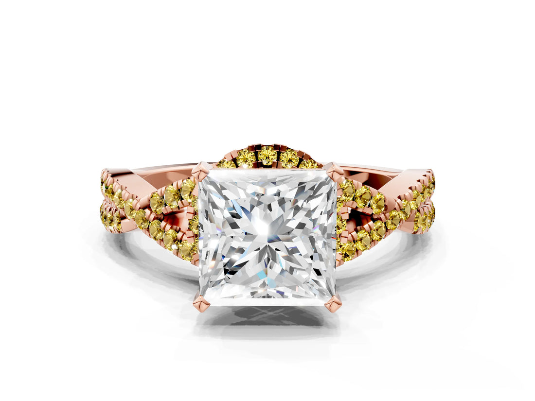Rose gold Princess Cut Diamond with Yellow Sapphire side stone Halo Twist Band Solitaire Prong Setting Ring_30