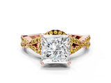 Rose gold Princess Cut Diamond with Yellow Sapphire side stone Halo Twist Band Solitaire Prong Setting Ring_30