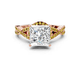 Rose gold Princess Cut Diamond with Yellow Sapphire side stone Halo Twist Band Solitaire Prong Setting Ring_42