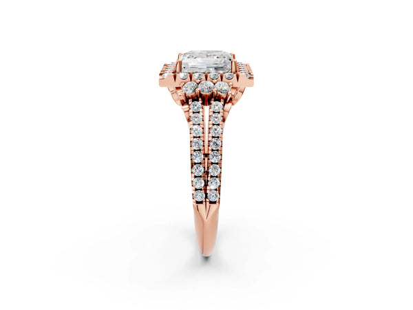 Rose gold Princess Cut Double Halo Diamond Engagement Ring with Pave Band and Four-Prong Setting