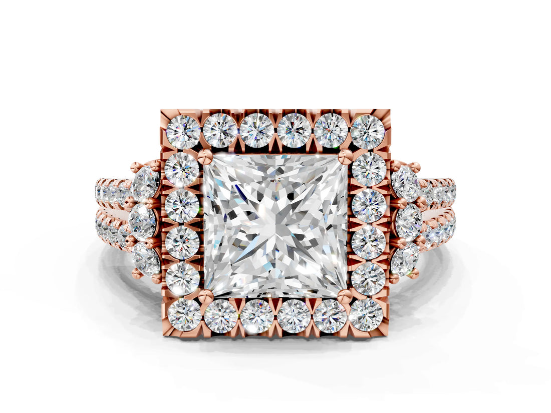 Rose gold Princess Cut Double Halo Diamond Engagement Ring with Pave Band and Four-Prong Setting