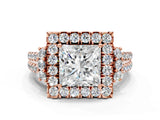 Rose gold Princess Cut Double Halo Diamond Engagement Ring with Pave Band and Four-Prong Setting