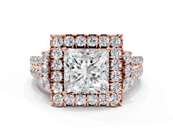 Rose gold Princess Cut Double Halo Diamond Engagement Ring with Pave Band and Four-Prong Setting