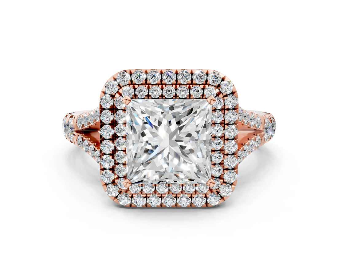 Rose gold Princess Cut Double Halo Split Shank Diamond Ring with Prong Setting_48