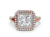 Rose gold Princess Cut Double Halo Split Shank Diamond Ring with Prong Setting_48