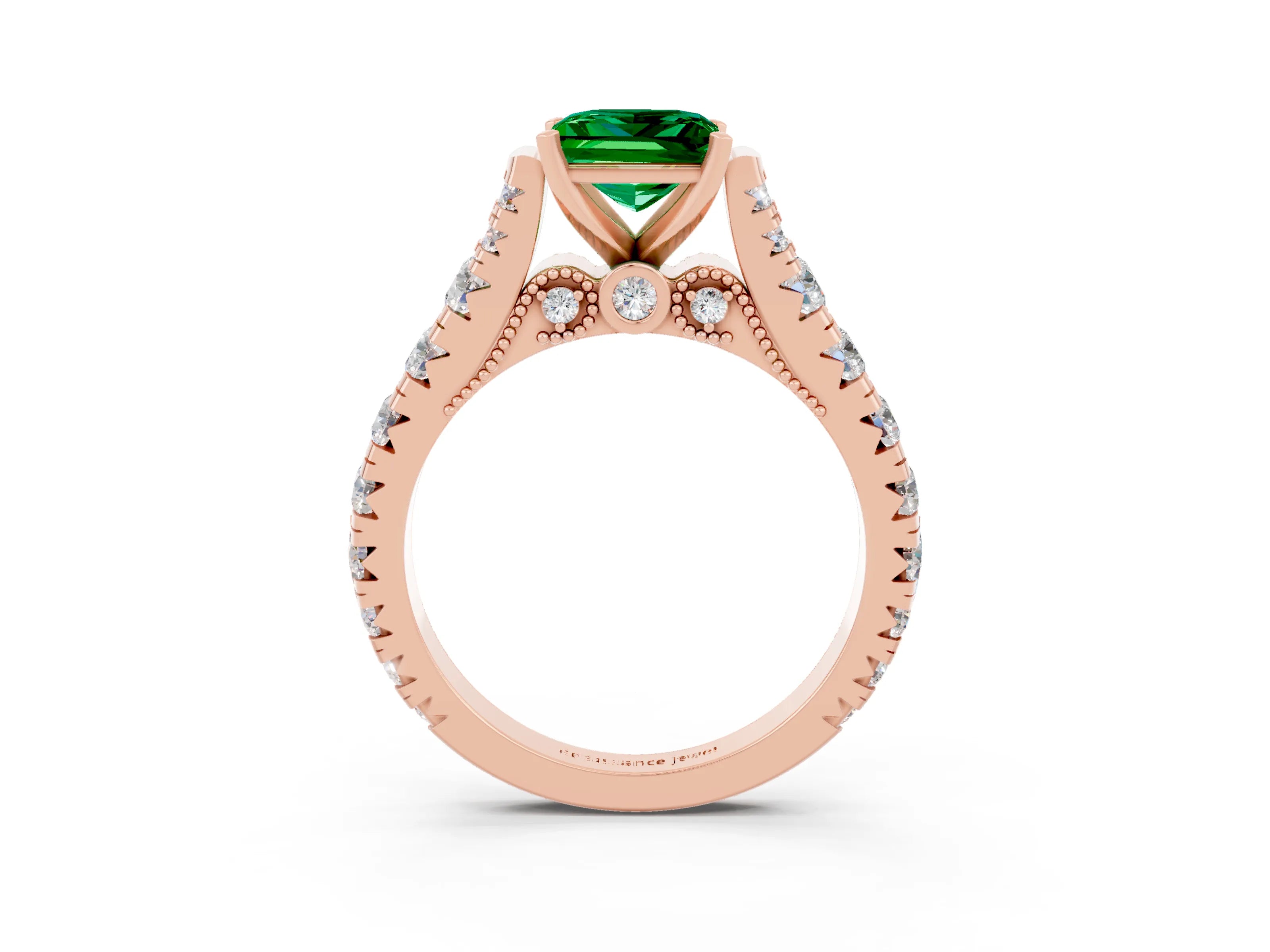Rose gold Princess Cut Emerald Classic Solitaire Ring with Pavé Band and Four-Prong Setting_3