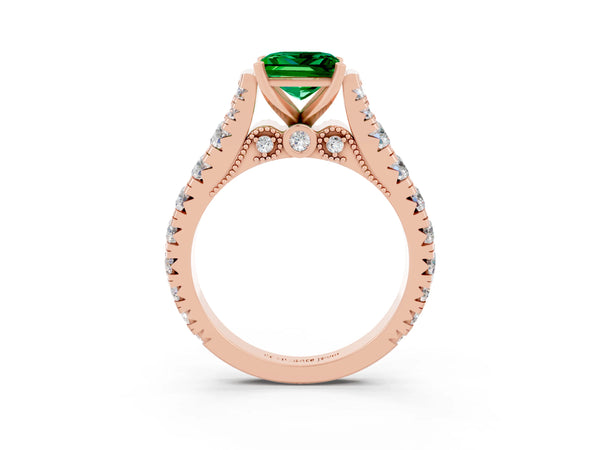 Rose gold Princess Cut Emerald Classic Solitaire Ring with Pavé Band and Four-Prong Setting