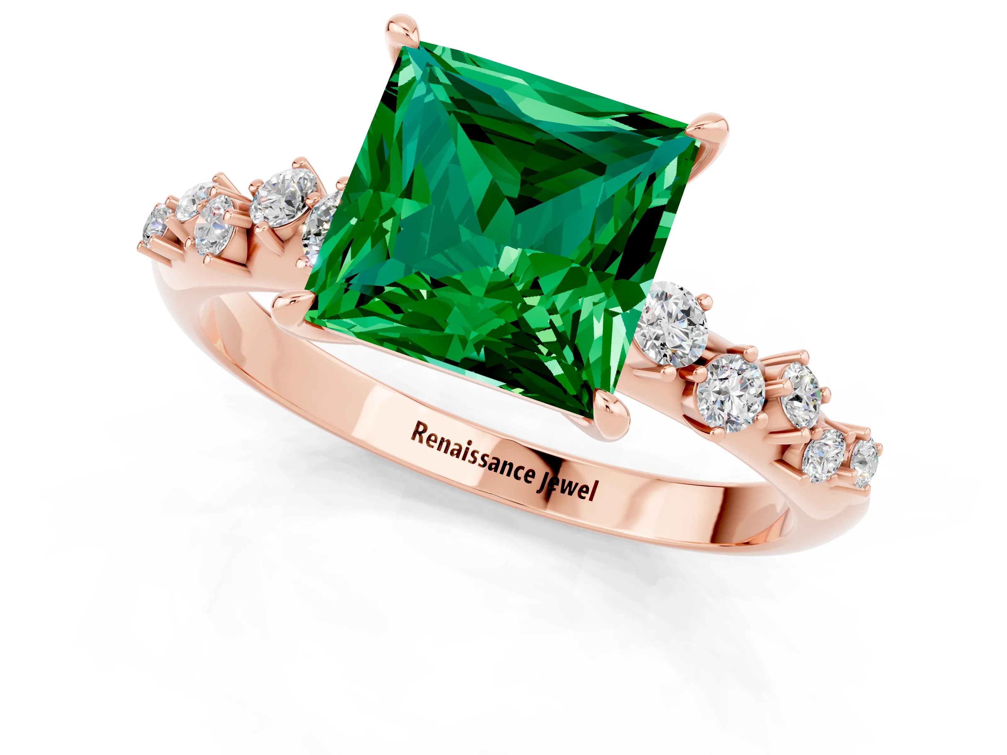 Rose gold Princess Cut Emerald Cluster Side Stone Solitaire Ring with Prong Setting_25