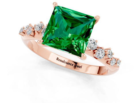 Rose gold Princess Cut Emerald Cluster Side Stone Solitaire Ring with Prong Setting_25