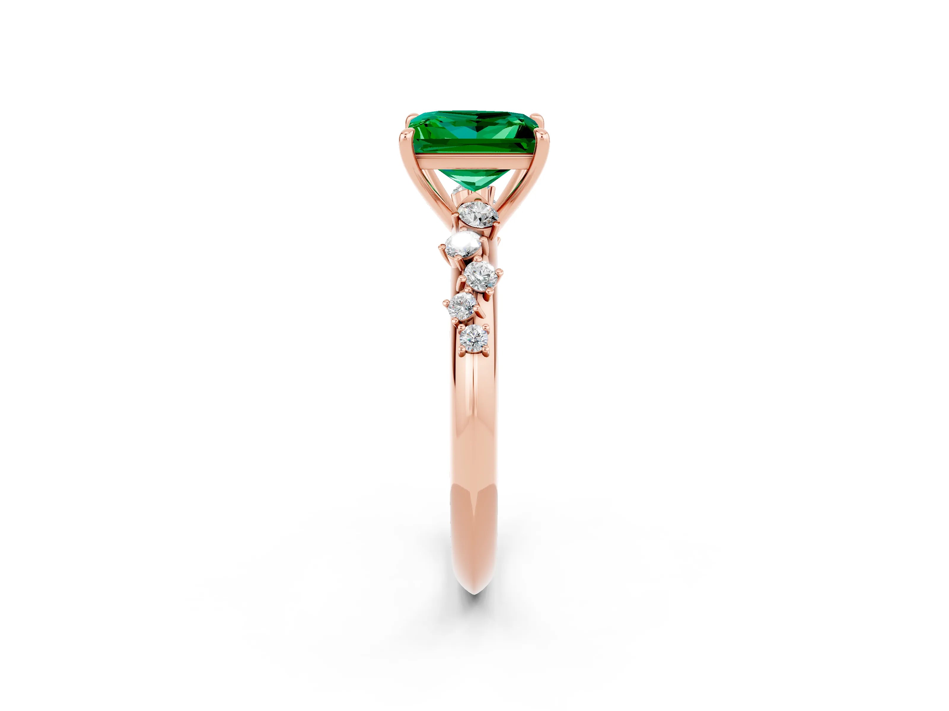 Rose gold Princess Cut Emerald Cluster Side Stone Solitaire Ring with Prong Setting_26