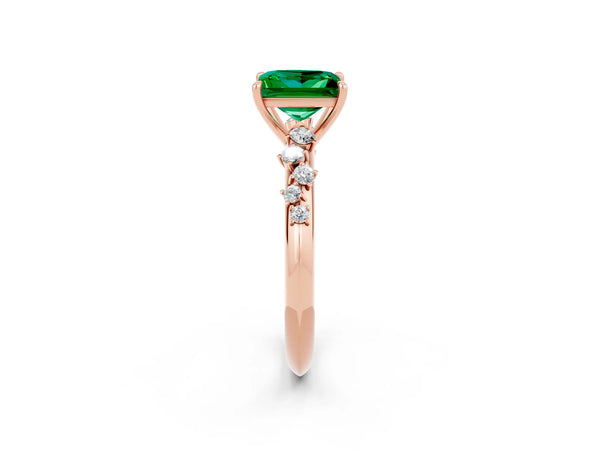 Rose gold Princess Cut Emerald Cluster Side Stone Solitaire Ring with Prong Setting