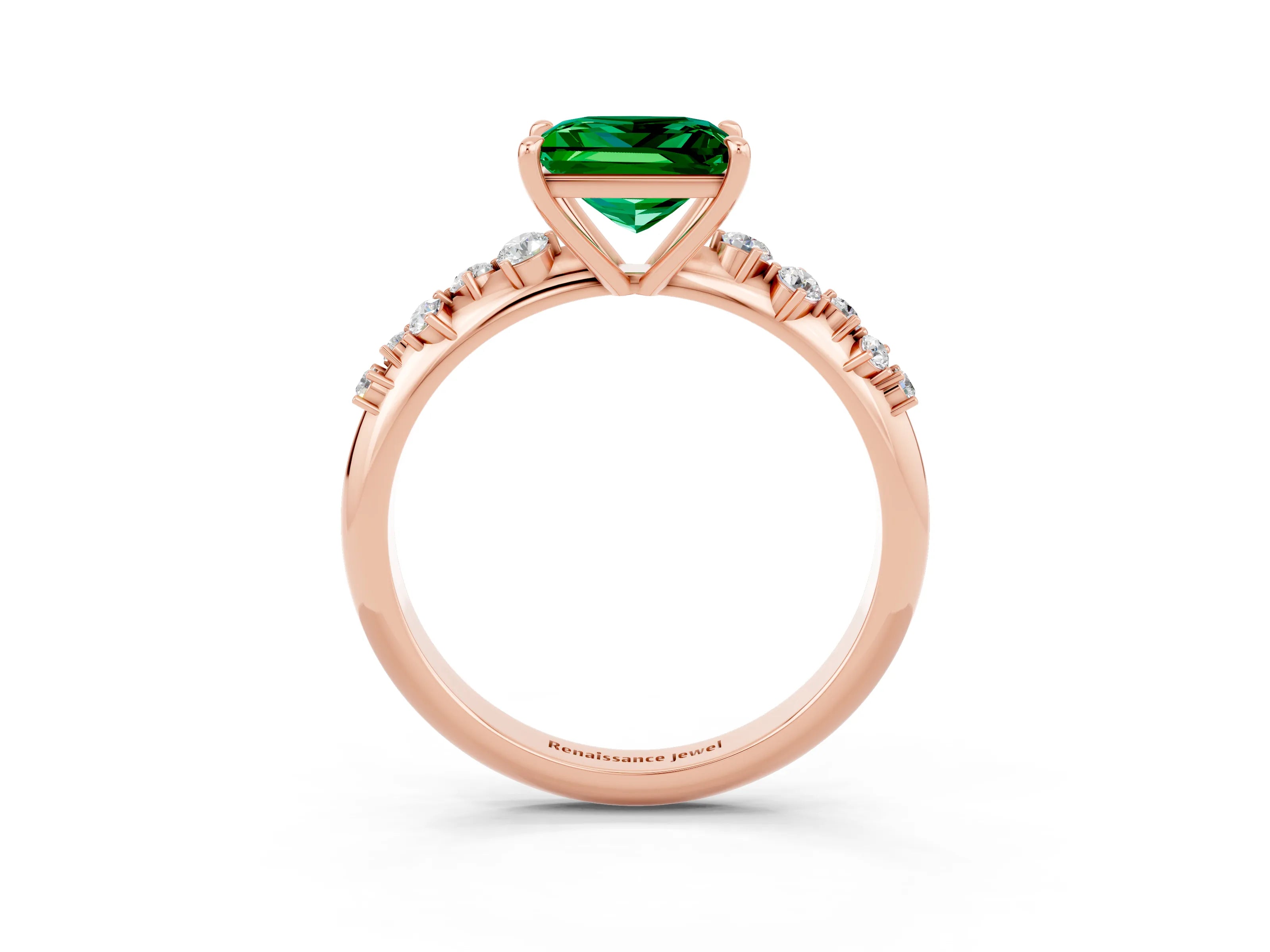 Rose gold Princess Cut Emerald Cluster Side Stone Solitaire Ring with Prong Setting_27
