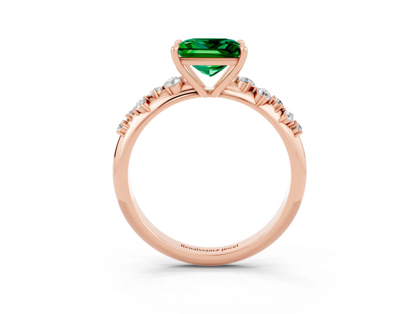 Rose gold Princess Cut Emerald Cluster Side Stone Solitaire Ring with Prong Setting