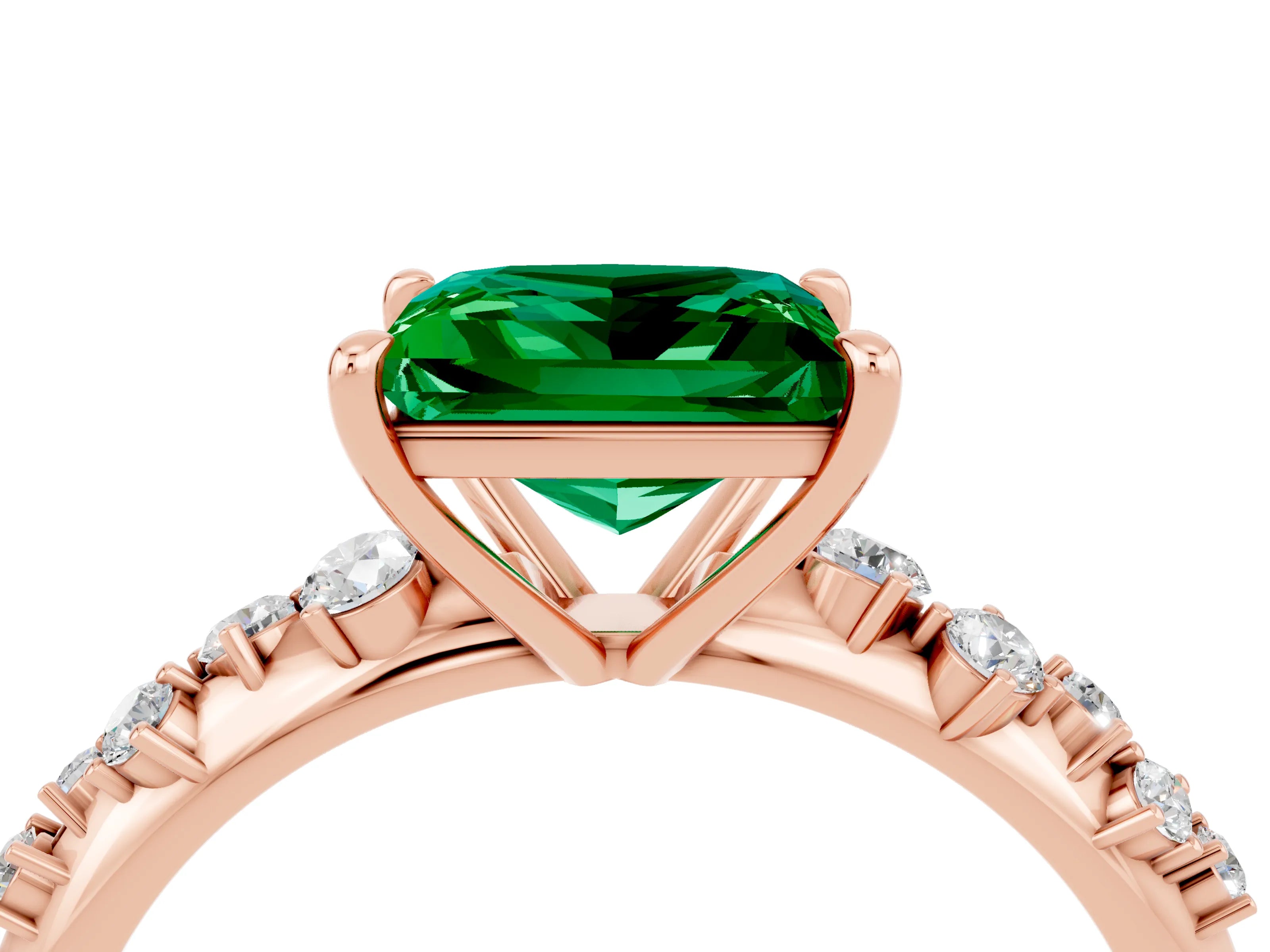 Rose gold Princess Cut Emerald Cluster Side Stone Solitaire Ring with Prong Setting_28