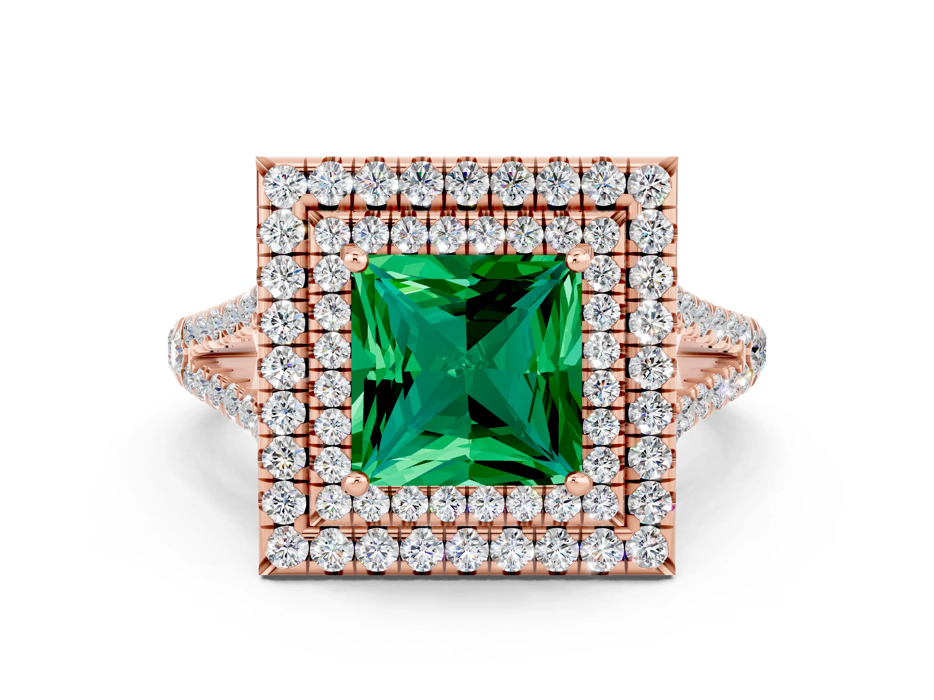 Rose gold Princess Cut Emerald Double Halo Ring with Pavé Band and Prong Setting_12