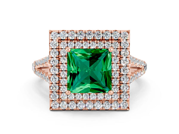 Rose gold Princess Cut Emerald Double Halo Ring with Pavé Band and Prong Setting
