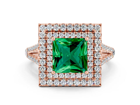 Rose gold Princess Cut Emerald Double Halo Ring with Pavé Band and Prong Setting_12