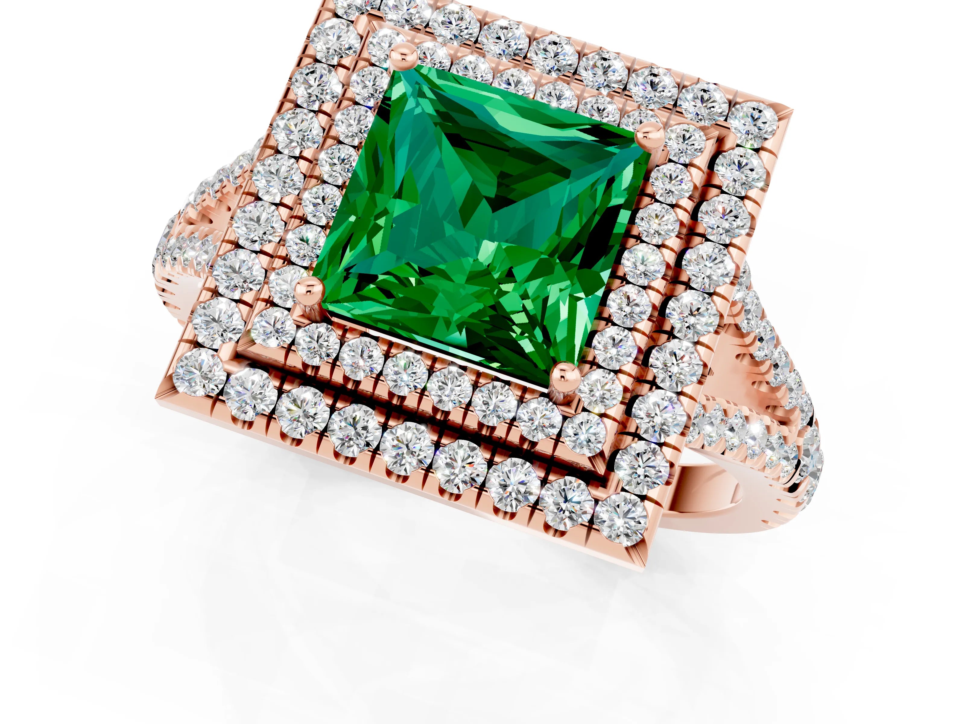 Rose gold Princess Cut Emerald Double Halo Ring with Pavé Band and Prong Setting_13