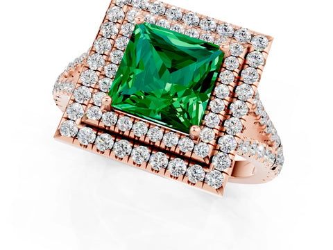 Rose gold Princess Cut Emerald Double Halo Ring with Pavé Band and Prong Setting_13