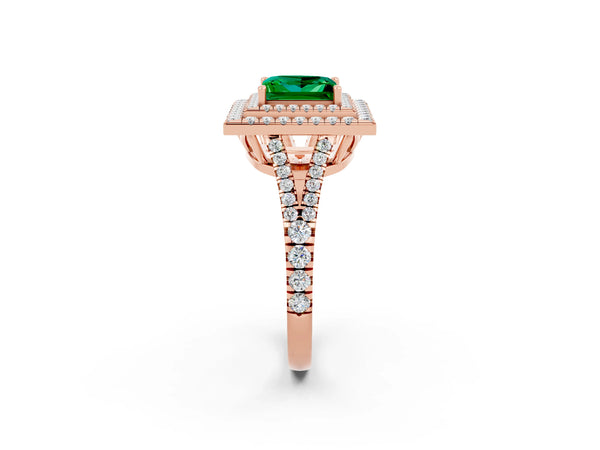 Rose gold Princess Cut Emerald Double Halo Ring with Pavé Band and Prong Setting