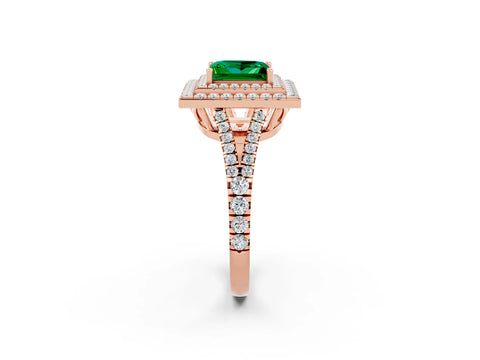 Rose gold Princess Cut Emerald Double Halo Ring with Pavé Band and Prong Setting_14