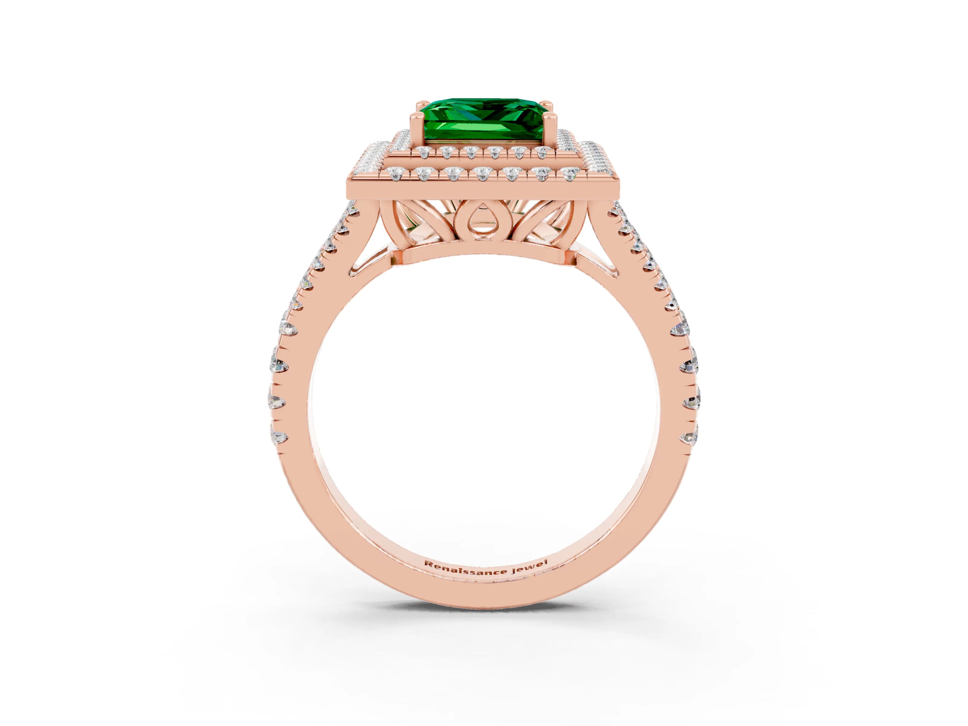 Rose gold Princess Cut Emerald Double Halo Ring with Pavé Band and Prong Setting_15