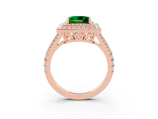 Rose gold Princess Cut Emerald Double Halo Ring with Pavé Band and Prong Setting
