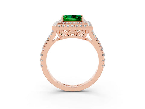 Rose gold Princess Cut Emerald Double Halo Ring with Pavé Band and Prong Setting_15