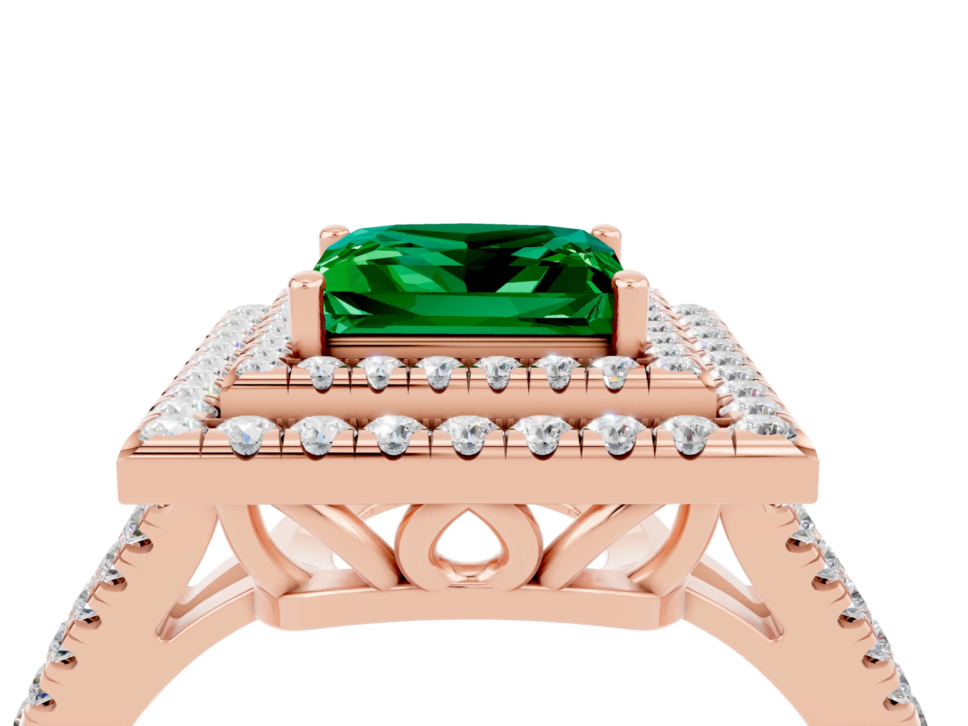 Rose gold Princess Cut Emerald Double Halo Ring with Pavé Band and Prong Setting_16