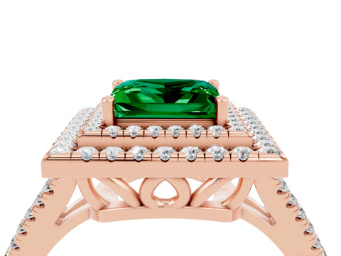 Rose gold Princess Cut Emerald Double Halo Ring with Pavé Band and Prong Setting_16