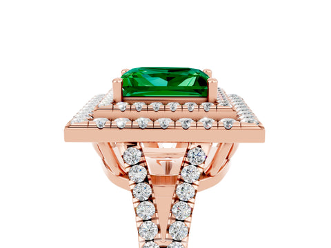 Rose gold Princess Cut Emerald Double Halo Ring with Pavé Band and Prong Setting_17