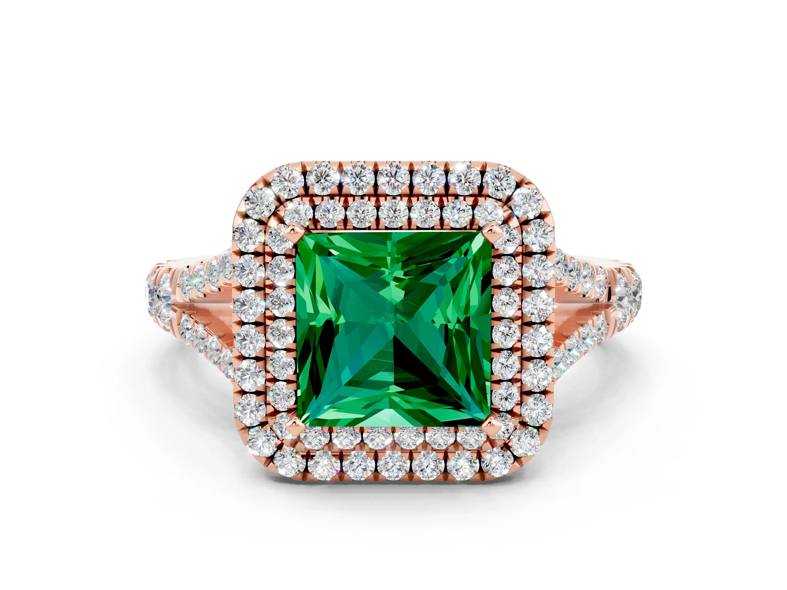 Rose gold Princess Cut Emerald Double Halo Ring with Split Shank and Prong Setting_12