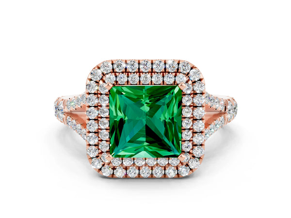 Rose gold Princess Cut Emerald Double Halo Ring with Split Shank and Prong Setting