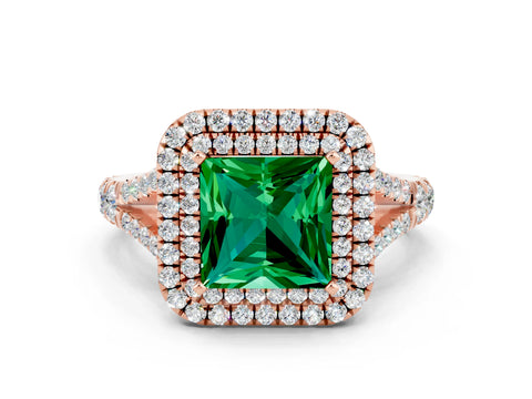 Rose gold Princess Cut Emerald Double Halo Ring with Split Shank and Prong Setting_12