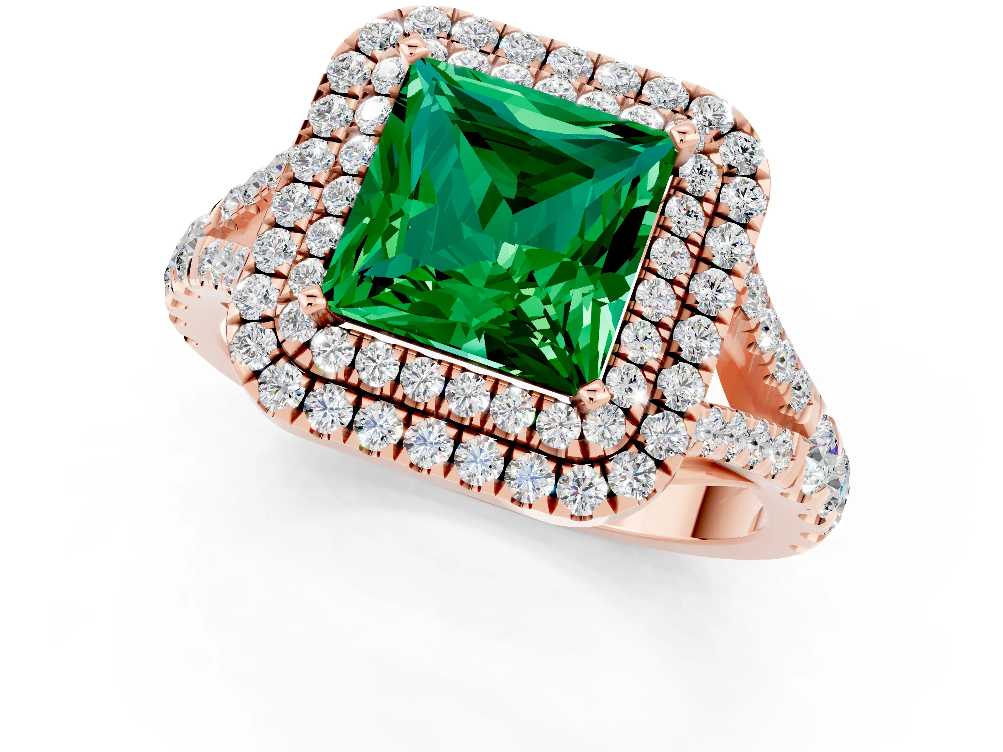 Rose gold Princess Cut Emerald Double Halo Ring with Split Shank and Prong Setting_13